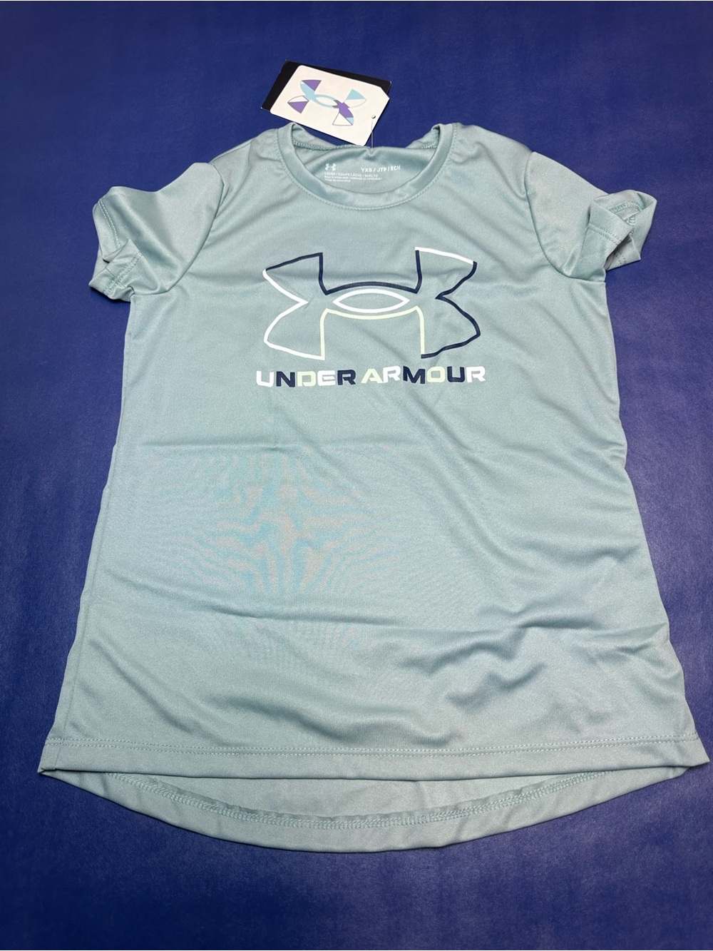 NWT Under Armour Girls' Light Blue Green Logo Performance Tee Size XS
